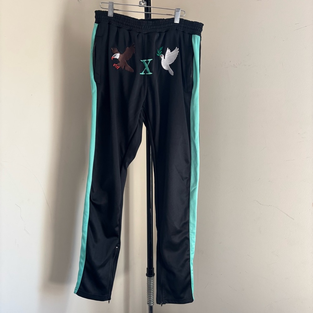 Mens  Black and Green Embroidered Track Pants